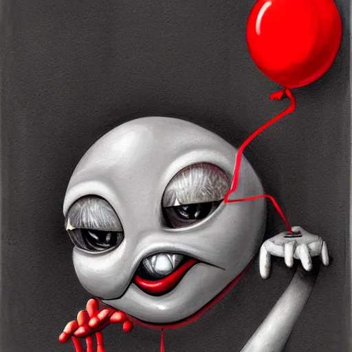 Prompt: surrealism grunge cartoon portrait sketch of wall-e with a wide smile and a red balloon by - michael karcz, loony toons style, pennywise style, horror theme, detailed, elegant, intricate