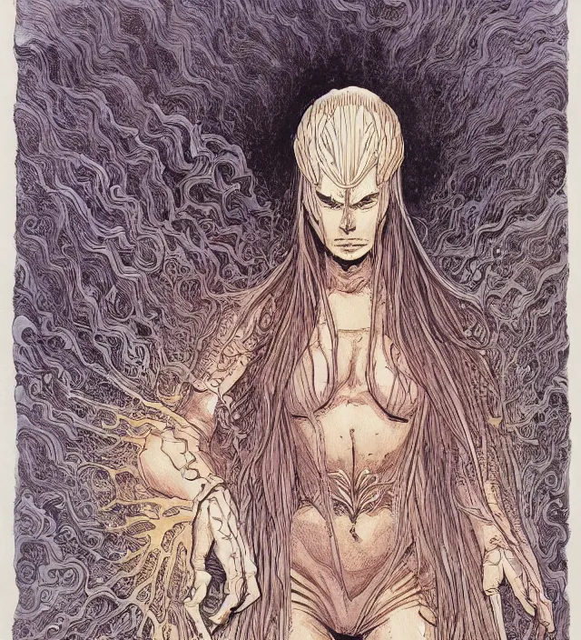 Prompt: a watercolor ink painting of a monstrous inhuman goddess of natural - disasters hiding in the style of jean giraud in the style of moebius trending on artstation deviantart pinterest detailed realistic hd 8 k high resolution