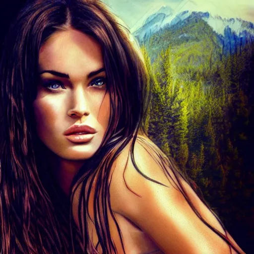 Image similar to realism tattoo sketch of double exposure megan fox, on beautiful mountain scenery faded background, in the style of andrey lukovnikov