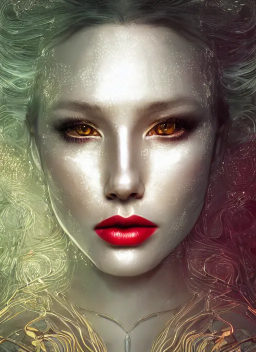 Image similar to glowing silver and golden elements, full close-up portrait, vector dark witch from unsplash, book cover, green forest, white moon, red lips, establishing shot, extremly high detail, photo-realistic, cinematic lighting, pen and ink, intricate line drawings, by Yoshitaka Amano, Ruan Jia, Kentaro Miura, Artgerm, post processed, concept art, artstation, matte painting, style by eddie mendoza, raphael lacoste, alex ross