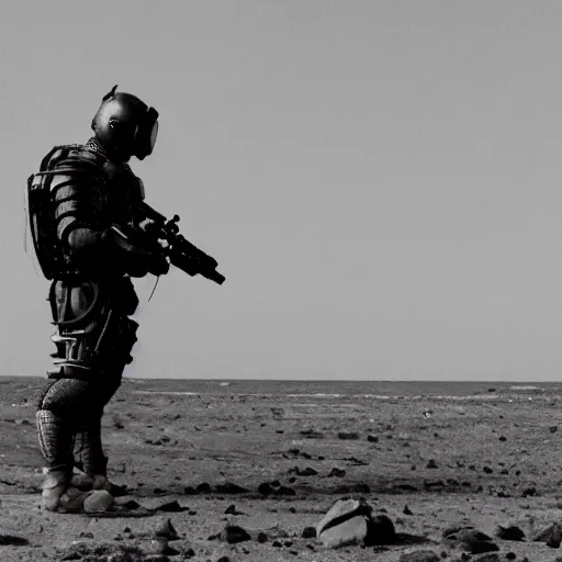 Image similar to a heavily armored man wearing a gasmask walking through a dry ocean, coral trees, film still arriflex 3 5