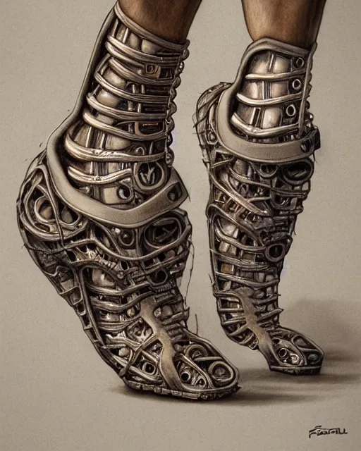 Image similar to shoes design by frank franzetta, biomechanical, 4 k, hyper detailed