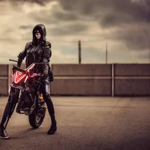 Prompt: a girl dressed in cyberpunk gear sits on a motorbike in a dystopian landscape, 5 0 mm lens, f 1. 4, sharp focus, ethereal, emotionally evoking, head in focus, volumetric lighting, blur dreamy outdoor,