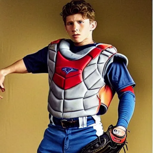 Image similar to “a realistic photo of a guy who is an attractive baseball player man who is part cyborg and part humanoid, who is a robot, Tom Holland”