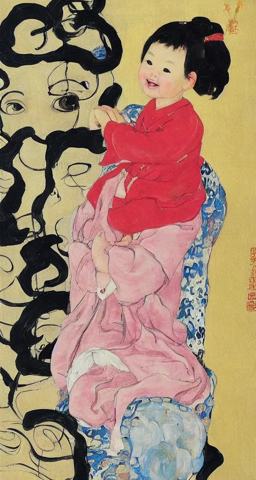 Image similar to A baby girl sitting, toy in hand, selfie, big smile, art by Qi Baishi and Klimt