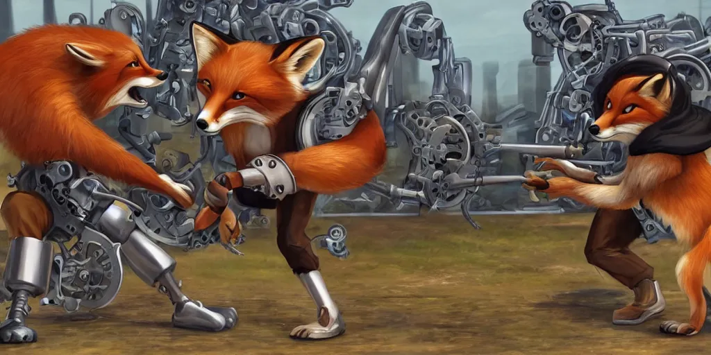 Image similar to anthropomorphic fox fighting a mechanical monster