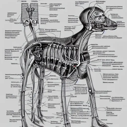 Prompt: anatomical drawing of a dog robot, with organs labeled