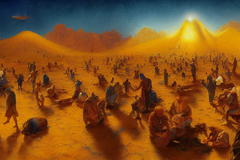 Prompt: detailed digital painting of a crowd of jews in the desert harvesting manna, yellow orange and blue color scheme, by karol bak craig mullins and ross trann