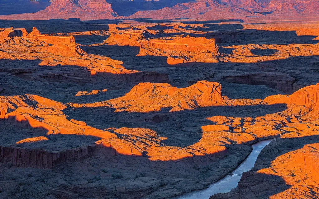 Prompt: “a dried up river bend running through a canyon surrounded by desert mountains at sunset, moab, utah, a tilt shift photo by Frederic Church, trending on unsplash, hudson river school, national geographic photo”