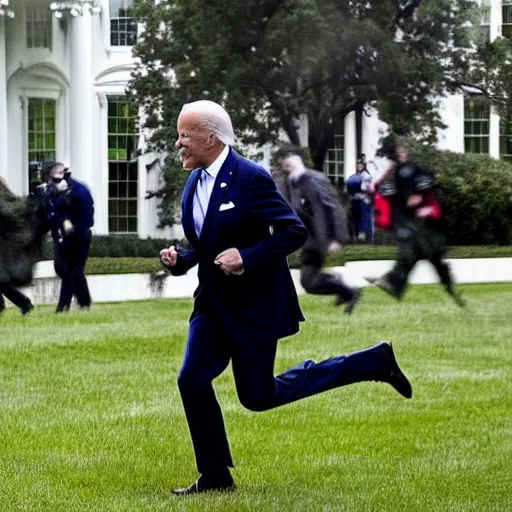 Prompt: Joe Biden running away from a missile strike in the front yard of the White House, big explosion behind him, people running behind out of focus