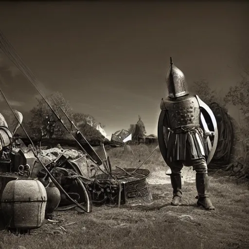 Image similar to wise angle photo of viking in armor working on the mechanical ancient device, tools and junk on the ground,wires and lights, old village in the distance, vintage old photo, black and white, sepia