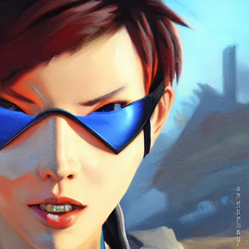 Prompt: oil painting of tracer overwatch in a field wearing spiked collar around neck, in style of raymond swanland, expressive face, wearing choker, steel collar, steel choker, wearing collar on neck, detailed face, detailed eyes, full body, feminine face, tracer overwatch,