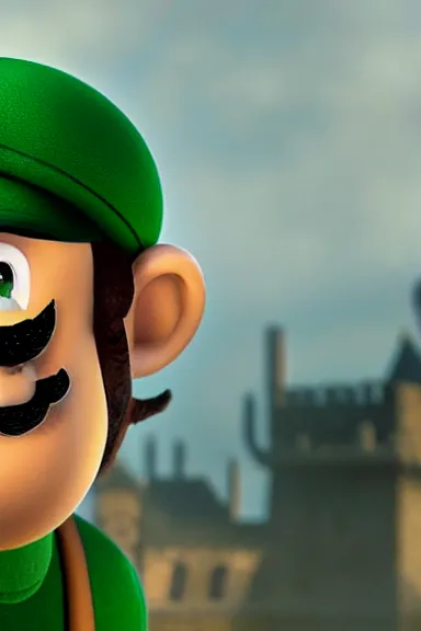 Image similar to very very intricate photorealistic photo of a realistic human version of luigi wearing his hat in an episode of game of thrones, photo is in focus with detailed atmospheric lighting, award - winning details