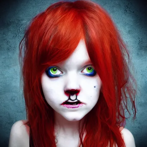 Prompt: portrait of a cute zombie girl with red hair and blue eyes