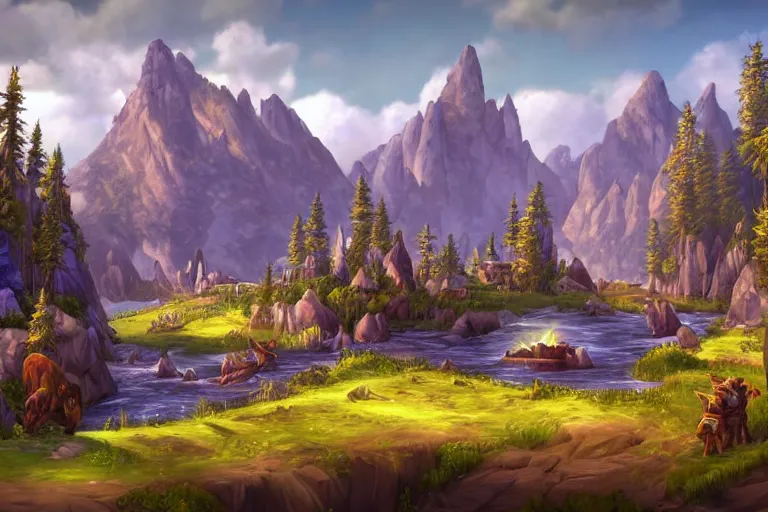 Prompt: world of warcraft environment with trees and a big stage in the center, rocky mountains and a river, horses in the foreground, beautiful, concept