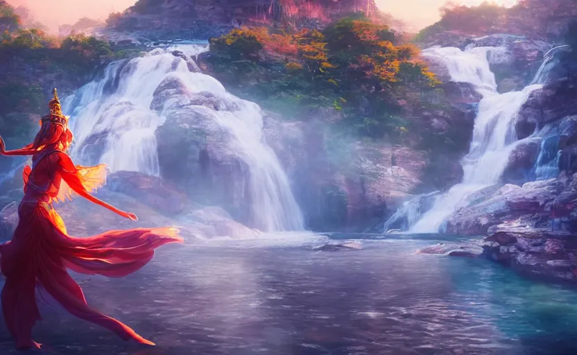 Image similar to Himalayan priestess dancing on water, beautiful flowing fabric, waterfalls, sunset, dramatic angle, 8k hdr pixiv dslr photo by Makoto Shinkai rossdraws and Wojtek Fus