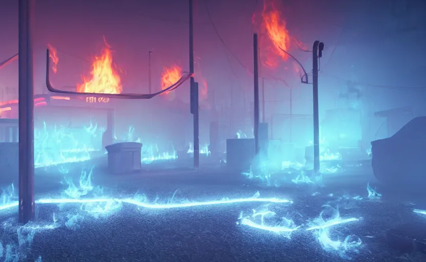 Prompt: neon hell, graveyard, fog, amazing fire art, fog, octane render, ray tracing, realistic fire sharp focus, long shot, 8 k resolution, cinematic