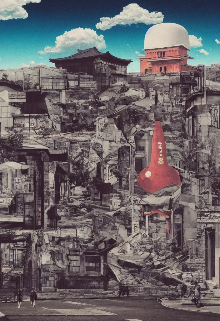 Image similar to sightseeing in hiroshima japan, picturesque view of the atomic bomb dome memorial ruin, a photo collage detailed painting, in the style of wes anderson, lola dupre, david hockney, rene magritte, isolated on negative white space background, dark monochrome with neon airbrush accents, volumetric octane render