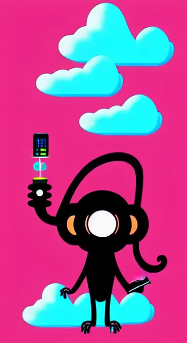 Image similar to “ big eye monkey holding laser gun floating in clouds, digital art, super aesthetic, art station childish style ”