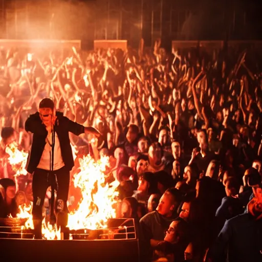 Image similar to Modern worship leader burning a Bible on stage, dramatic lighting, crowd cheering