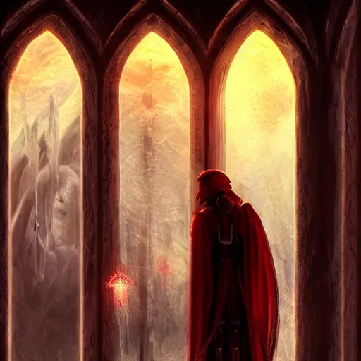 Image similar to blood knight, glowing halo, fantasy art, located in a castle, morning sunlight through the window, decorated, high quality, highly detailed, 4 k