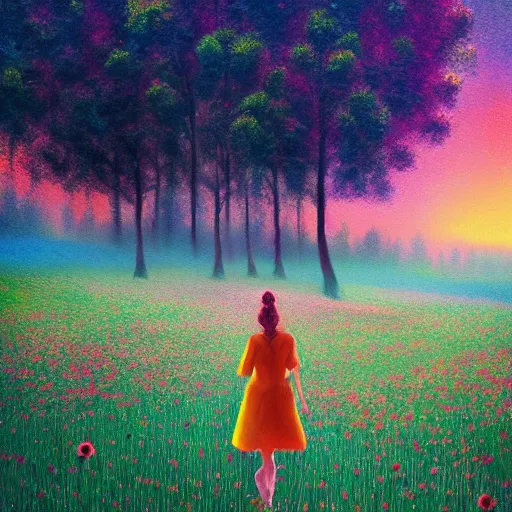 Image similar to girl with blooming face, surreal photography, dream, standing in flower field, hills, big trees, sunrise dramatic light, impressionist painting, colorful clouds, digital painting, pointillism, artstation, simon stalenhag