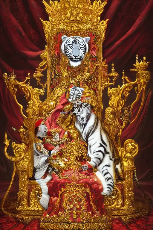 Prompt: ultradetailed painting of a beautiful grand empress on a throne made of gold and Jewels with a single white tiger guardian at her side by Dan Mumford, magical realism, volumetric lighting, 4k