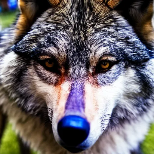 Image similar to portrait of a wolf fursuiter at a furry convention, outdoors in the city, realisitc photo