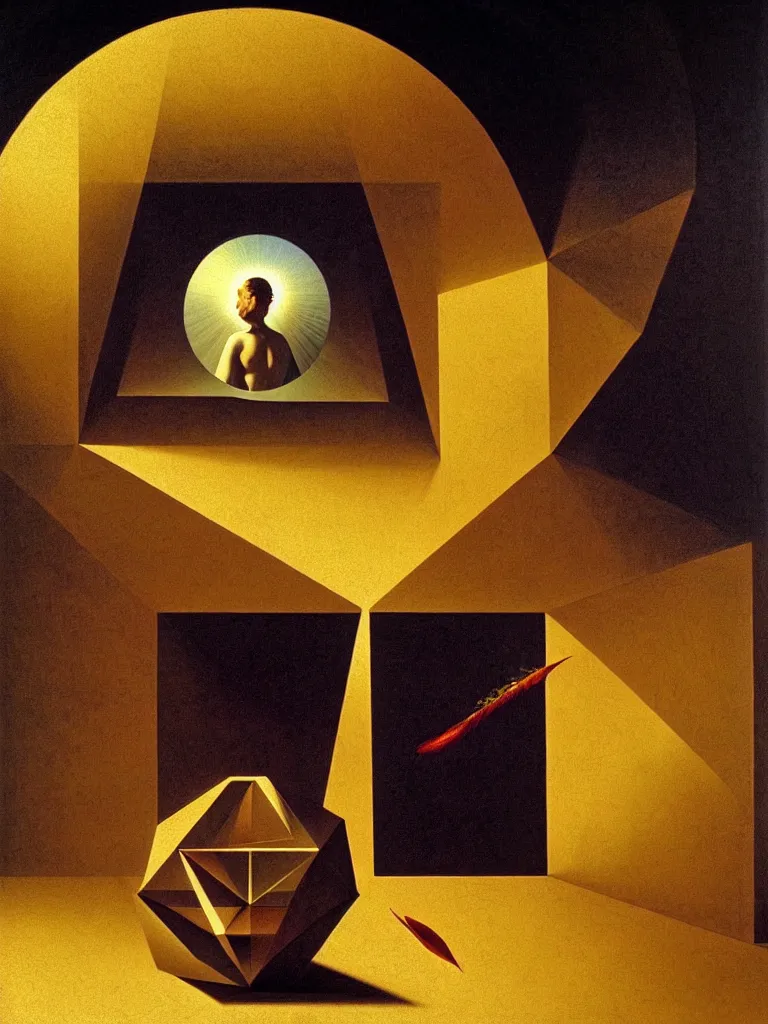 Image similar to hyperrealistic still life portrait of a mind exploding inside of a serene temple, beautiful plans, sacred geometry, light refracting through prisms in a tesseract, by caravaggio, botanical print, surrealism, vivid colors, serene, golden ratio, rule of thirds, negative space, minimalist composition