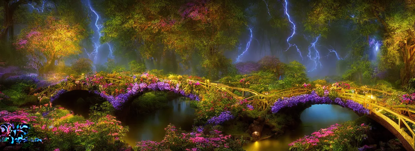 Image similar to photograph of enchanted garden, blue river in the middle, glowing bridge, with rays of light, flowers with intricate detail, by marc adamus, highly detailed, intricate detail, cinematic lighting