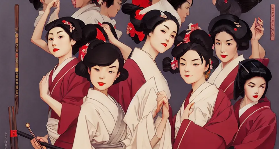 Image similar to geisha school, in the style of studio ghibli, j. c. leyendecker, greg rutkowski, artgerm