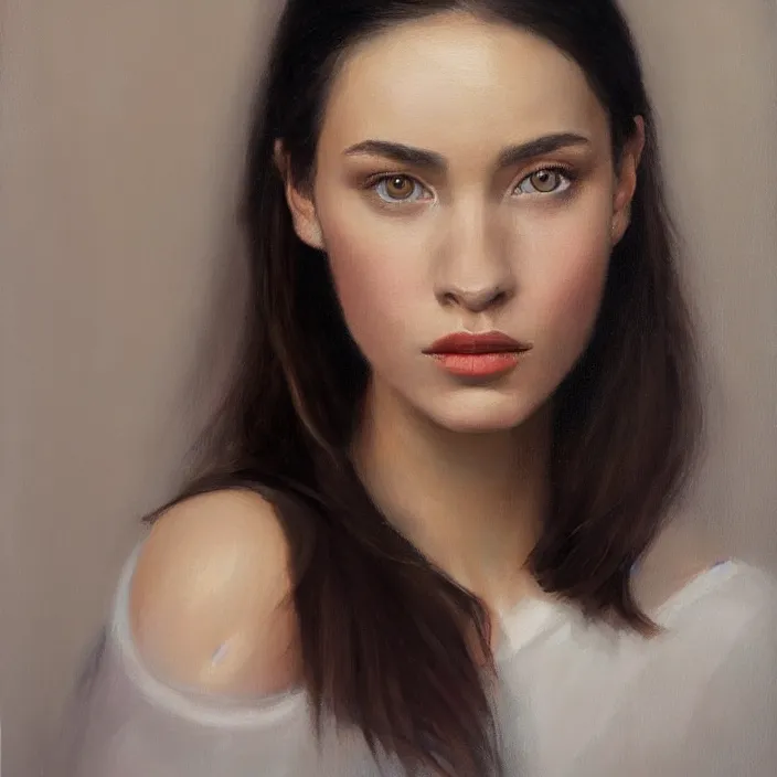 Image similar to alla prima portrait oil painting of young woman with dark hair and no makeup, dark beige grey background, lights and shadows, beautiful composition, hyperrealistic