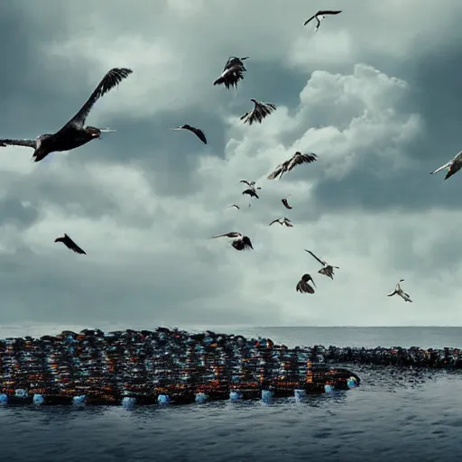 Image similar to on water, enormous huge piles of tyres and garbage floating as islands, seagulls flying in the forecasted sky, dramatic light, rainy weather, wet, detailed, wide shot, 8K mate painting, concept