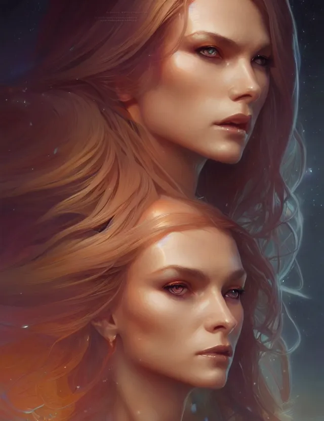 Image similar to futuristic woman portrait, sci-fi, amber eyes, face, long hair, fantasy, intricate, elegant, highly detailed, digital painting, artstation, concept art, smooth, sharp focus, illustration, art by artgerm and greg rutkowski and alphonse mucha