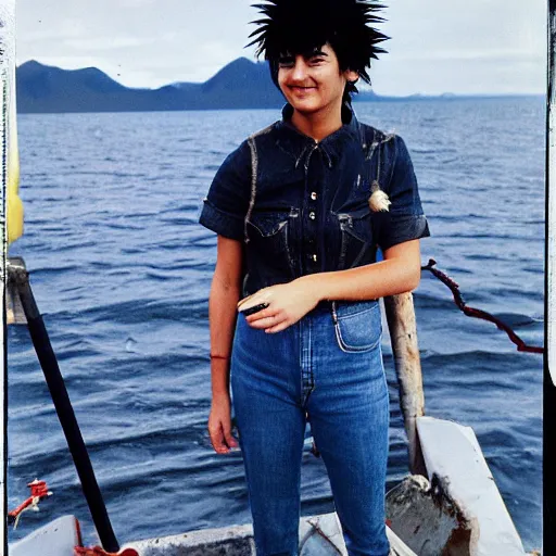 Prompt: black - haired girl with wild spiky black saiyan hair with long bangs over her eyes wearing double denim, standing on an alaskan fishing vessel, 1 9 6 5, polaroid, kodachrome, grainy photograph