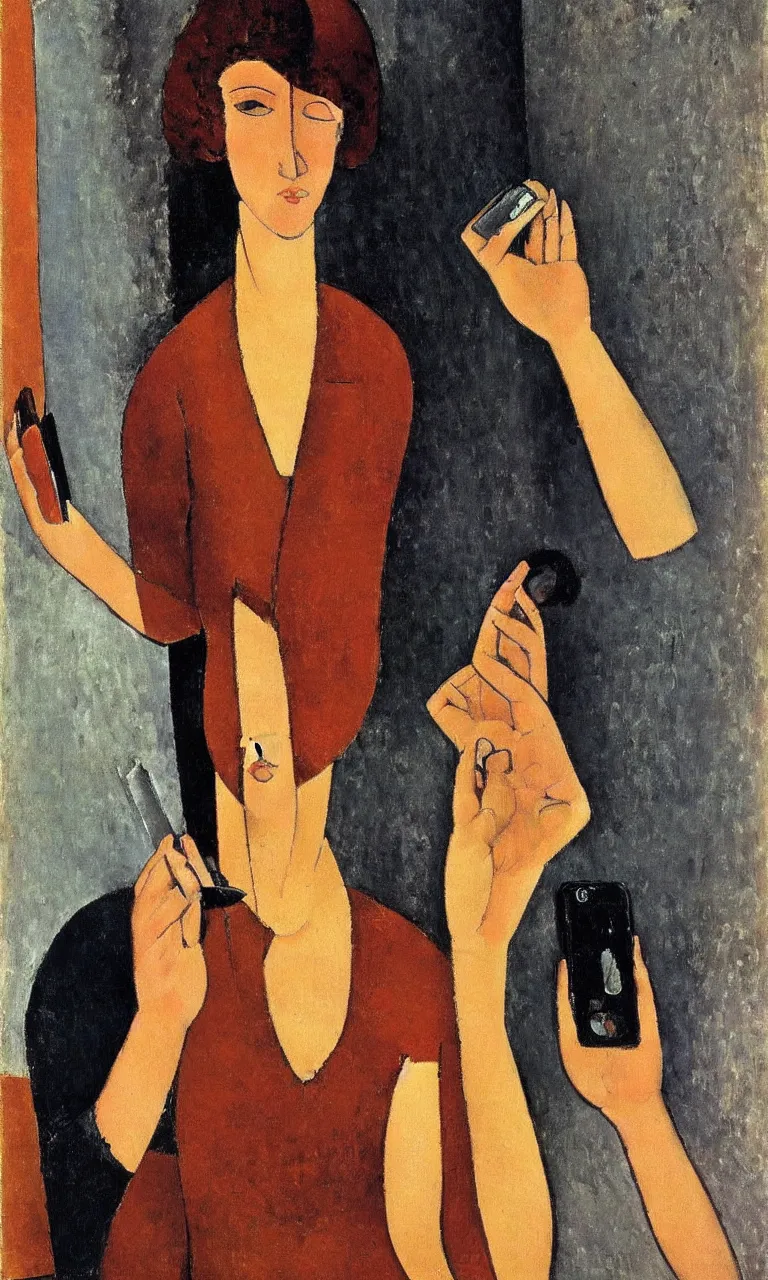 Image similar to amedeo modigliani. portrait of a woman with brown hair and a blue shirt holding an iphone in her hand. very soft brush.