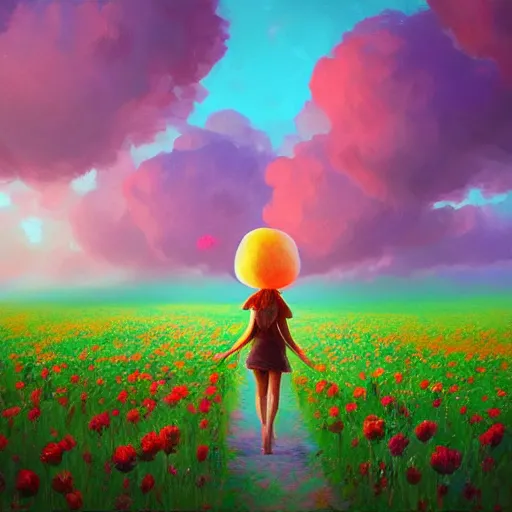 Image similar to giant rose as a head, girl walking in a flower field, surreal photography, sunrise dramatic light, impressionist painting, colorful clouds, digital painting, artstation, simon stalenhag