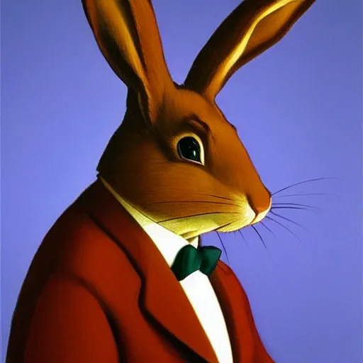 Image similar to a detective rabbit by Raphael, Hopper, and Rene Magritte. detailed, romantic, enchanting, trending on artstation.