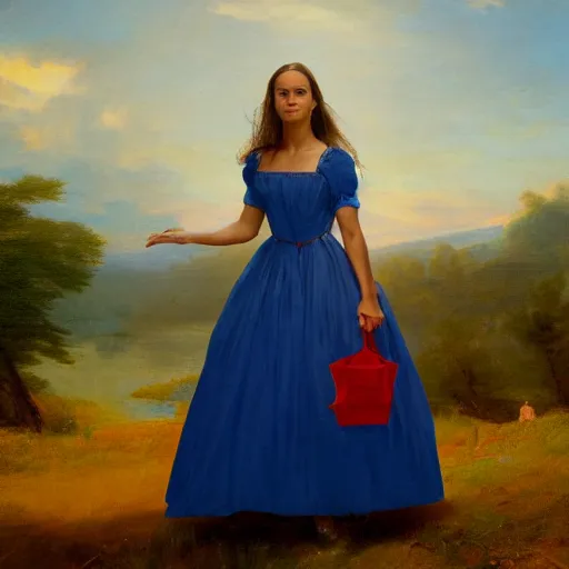 Image similar to portrait of Alicia Vikander wearing blue shirt and red 1850 dress, in the style of the Hudson River School