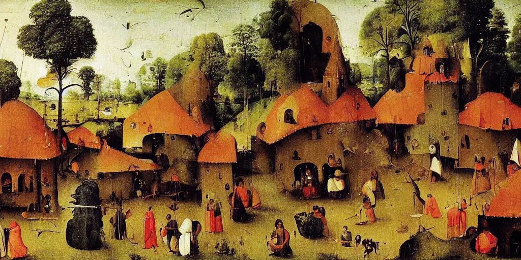 Image similar to painting of a kerala village by Hieronymus Bosch