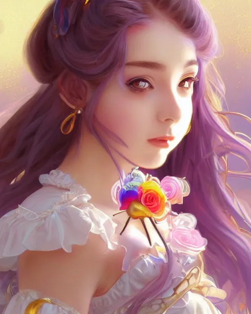 Image similar to portrait of magical lolita girl, dreamy and ethereal, expressive pose, big gold eyes, exciting expression, fantasy, intricate, elegant, many rainbow bubbles, rose tones, highly detailed, anime, artstation, concept art, cyberpunk wearing, smooth, sharp focus, illustration, art by artgerm and greg rutkowskiand alphonse mucha