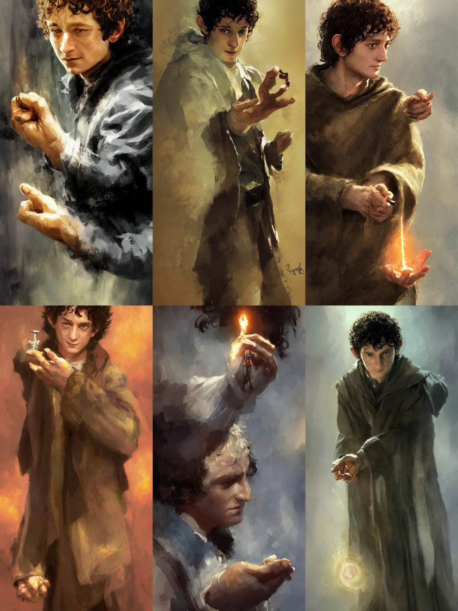 Prompt: a beautiful painting of Frodo Baggins holding the ring in his hand, by craig mullins, featured on artstation