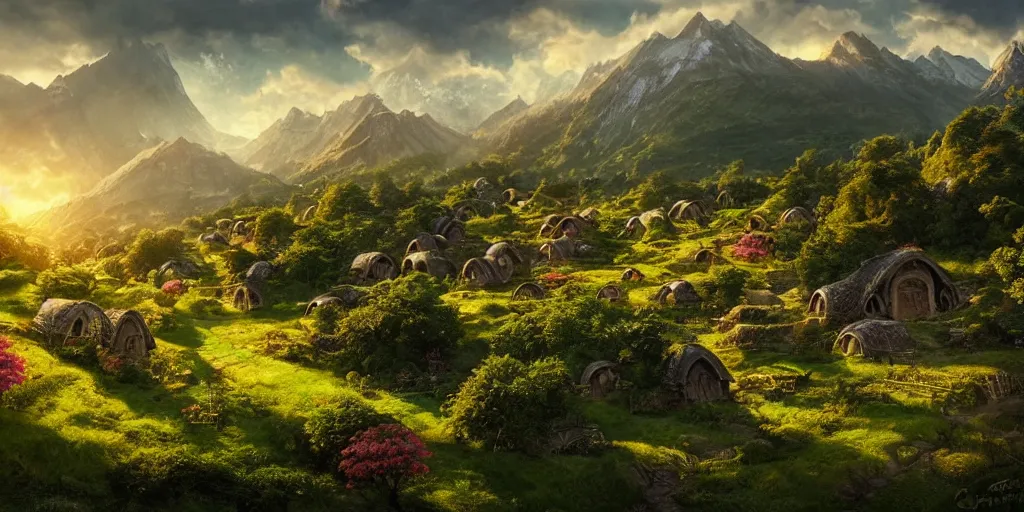 Prompt: looking down into a valley full of hobbit houses and lush vegetation with cherry trees in the sunset, sharp focus, highly detailed, matte painting, beautiful light, cgsociety, artgerm