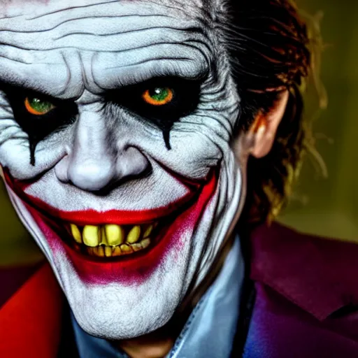 Image similar to willem dafoe as joker from batman, photography, medium - shot