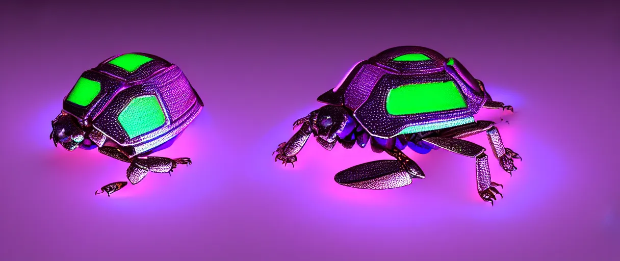 Image similar to hyperrealistic glowing cyborg scarab! jeweled gorgeous! highly detailed concept art david ligare peter zumthor dramatic purple neon lighting high quality low angle hd 8k sharp shallow depth of field