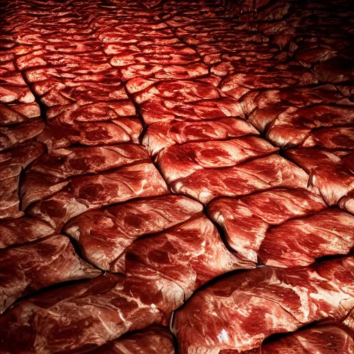 Prompt: meat valley, dark, scary, meaty, 4 k, photo realism, somber, sad, valley, octane render, 8 k, photo realism, vibrant, very meaty, meat