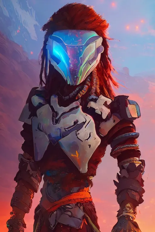 Image similar to combination suit armor aloy horizon forbidden west horizon zero dawn radiating a glowing aura global illumination ray tracing hdr fanart arstation by ian pesty and alena aenami artworks in 4 k tribal robot ninja mask helmet backpack