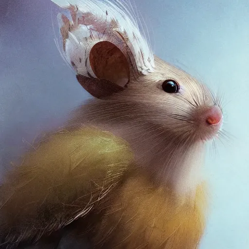 Image similar to portrait character design, a cute feathered mouse, feathers plumage, plumed by brian froud, portrait studio lighting by jessica rossier and brian froud and gaston bussiere