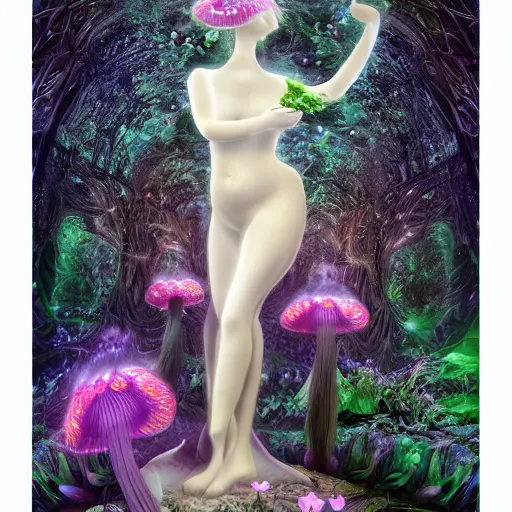 Image similar to glowing delicate flower and mushrooms that grow in a dark fatansy forest on the planet Pandora, an idealistic marble statue with fractal flowery hair in a fractal garden,