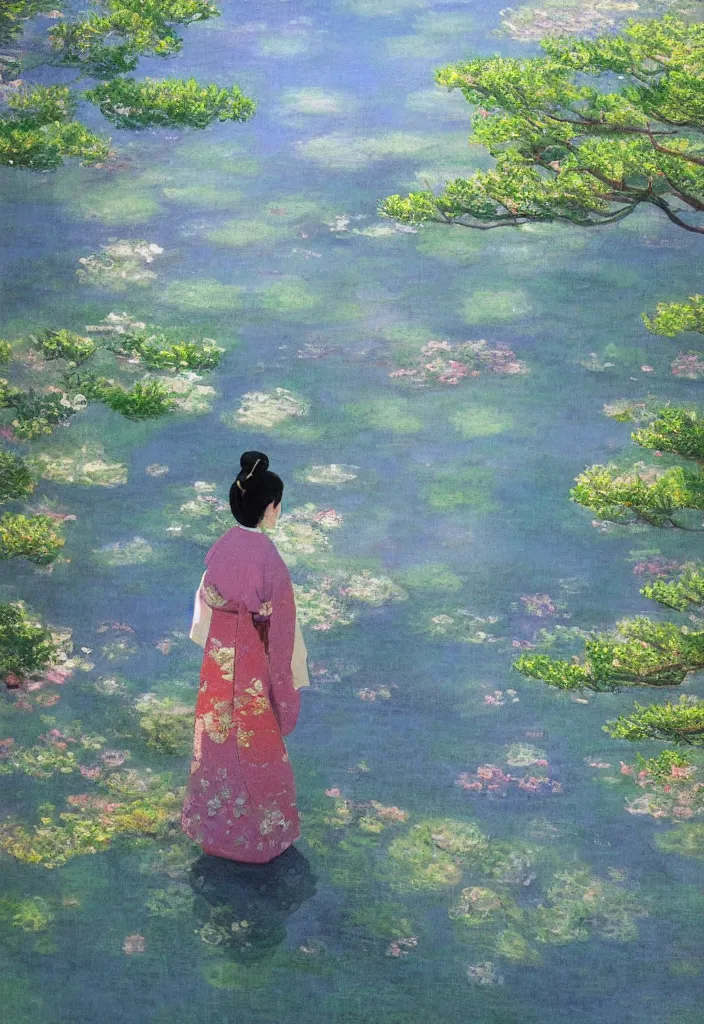 Image similar to tiny character in front of a beautiful japanese city in the mountain, amazing ryokans and gorgeous edo era houses. gorgeous epic nature, lofi, vivid colors, amazing light, by jeremy lipkin, by claude monet, heavily inspired by makoto shinkai, kandinsky touches, masterpiece, multiple brush strokes, impressionist style. divine